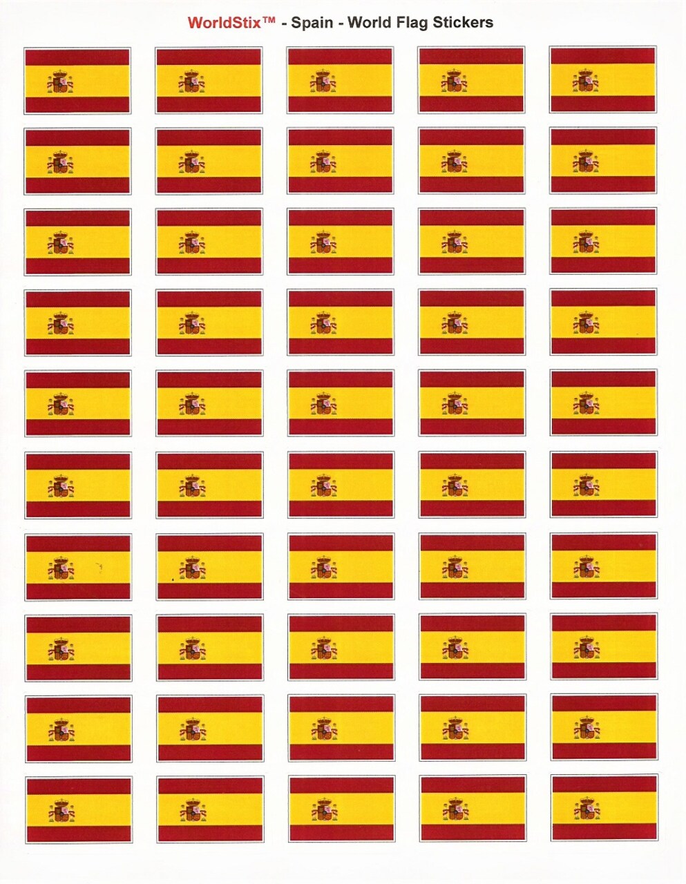 100 Spain Flag Stickers, Two Sheets of 50, 1.5" x 1" Made in America Self Adhesive Country Flag Scrapbook Stickers, Two Sheets of 50, 100 Sticker Decal Flags